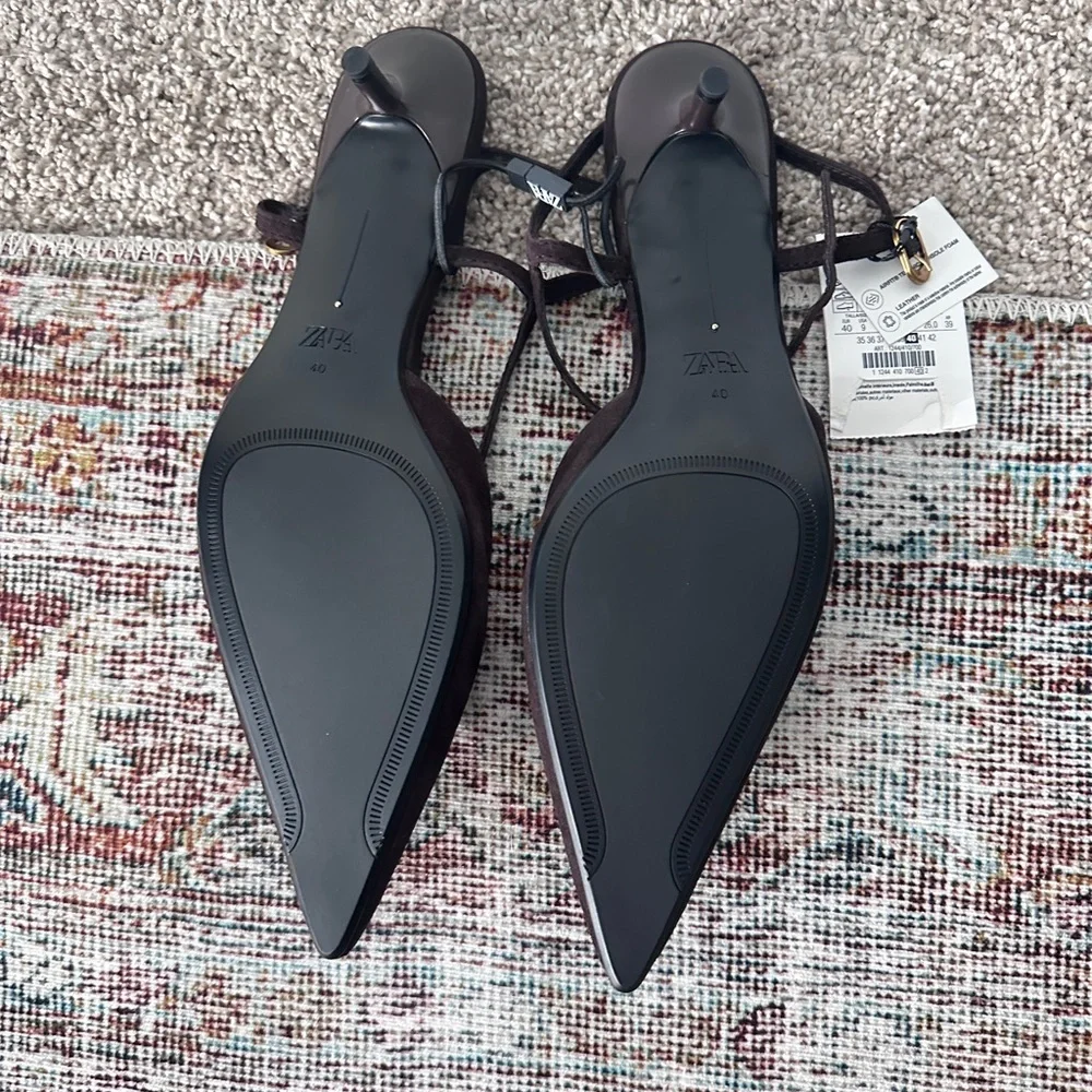NWT Zara Chocolate Brown Suede Pointed Kitten Heels - Picture 5 of 6